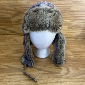Ben Sherman Trapper Hat Cotton with Faux Fur Ear Flaps Gray Plaid Men's Size S/M